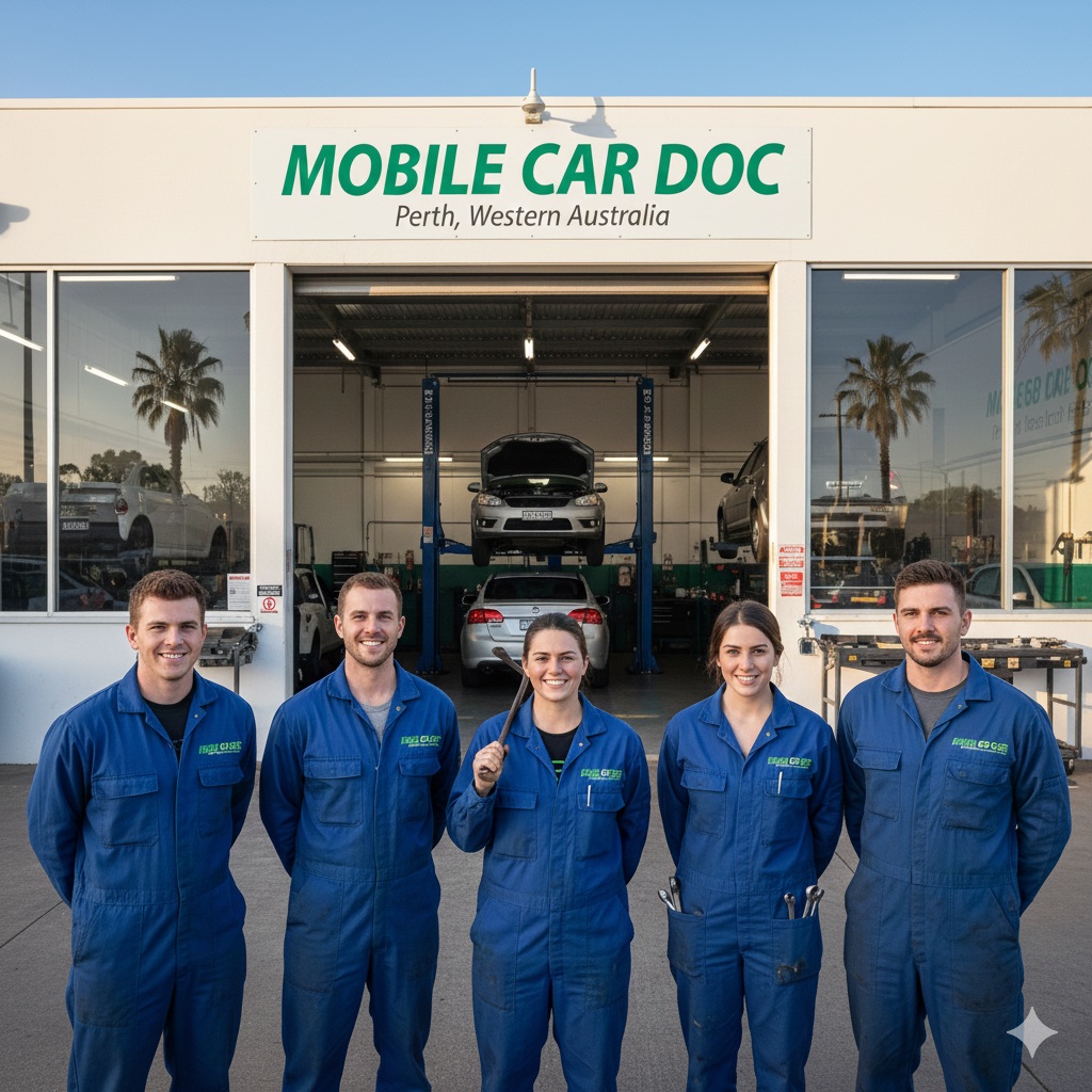 Mobile Carr Doc team of mobile mechanics in front of branded service van in Perth
